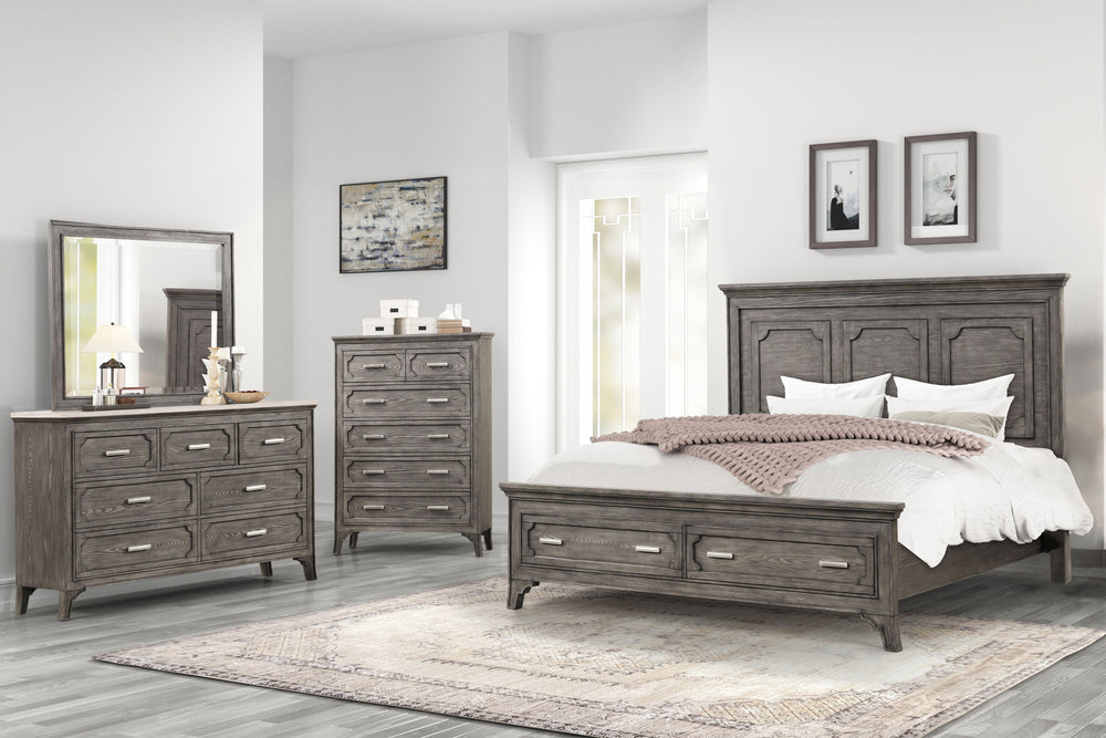 Elevate your bedroom to new heights of sophistication with the Lisbon 4 piece bedroom set in Gray. Crafted from Acacia solid wood and eco-friendly embossed oak laminate, this set promises enduring strength and durability. Its multi-step gray finish enhanc