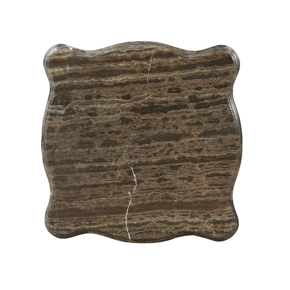 KD, Square Leg End Table â€¢ No Storage (Open Base) â€¢ Scalloped Marble Top â€¢ Wooden Scalloped Apron with Carved Floral Motifs â€¢ Wooden Queen Anne Legs<br/><br/><b>Product Features</b><ul><li>Occasional Table</li><li>No Storage (Open Base)</li><li>Sc