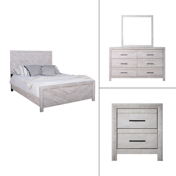 Introducing the Biscayne 4 Piece Bedroom Set, a comprehensive ensemble featuring a stylish bed, 6-drawer dresser, mirror, and 2-drawer nightstand. Crafted with durable manufactured wood and finished with Eco-Friendly laminated surfaces, this set promises 