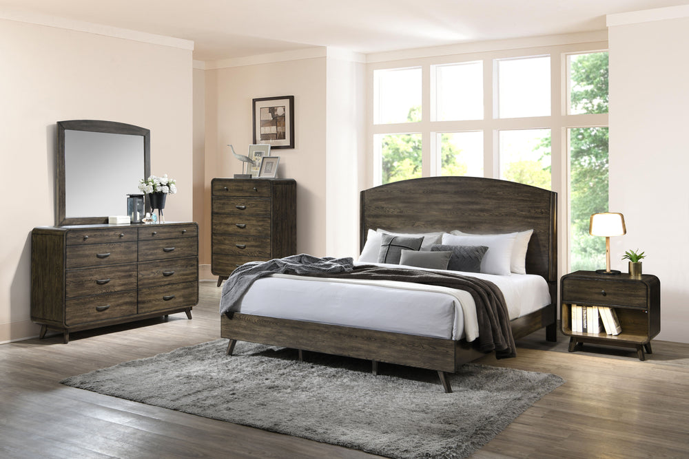 The Rex 5 Piece Bedroom Set in Walnut Brown includes everything you need to complete your bedroom: a headboard, footboard, two side rails, a slat kit, a dresser, a mirror, a chest, and a nightstand. Crafted from solid rubberwood, manufactured woods, and o