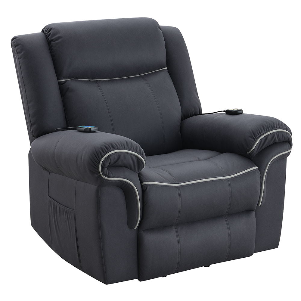 Experience ultimate comfort with the Domana power recliner, featuring lift, heating, and massage functions, all upholstered in luxurious dark blue fabric. The pocket coil seat construction and tight seat and back cushions ensure maximum support and relaxa