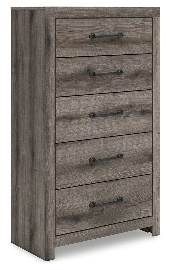 Combining a casual aesthetic with functional flair, this chest of drawers suits styles from rustic to industrial. Its smooth-gliding drawers store everyday essentials with ease, from clothes to bed linens. Elongated drawer pulls in a dark hue polish off t
