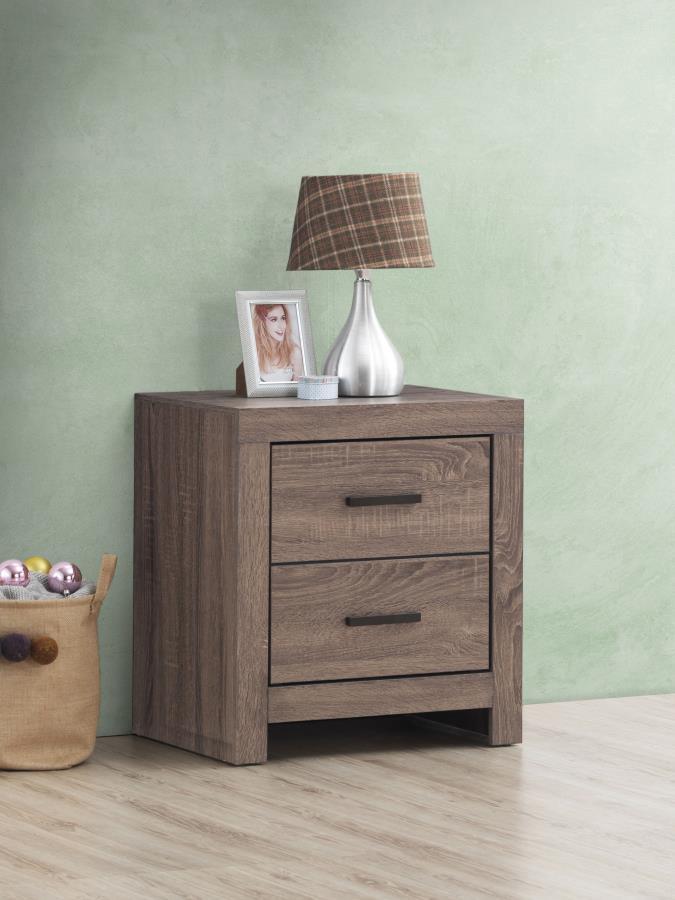 This two-drawer nightstand brings modern style and practical storage to the bedside. Its clean-lined frame complements contemporary spaces, while two spacious drawers provide room for nighttime essentials. Dark bronze handles contrast beautifully against 