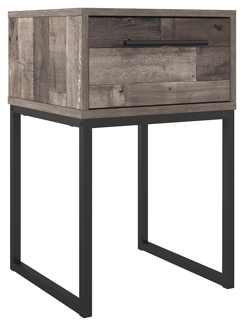 Streamlined design and a stunning finish come together in one simply extraordinary piece. This single drawer nightstand is sure to impress with canted metal legs and a rustic butcher block finish over replicated pine grain texture. Its mid-century profile