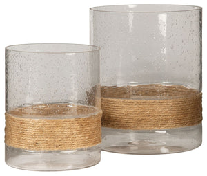 Instantly add interest to any room in your home with this set of candleholders. Pairing the natural beauty of seeded glass and rope, these are the perfect shabby chic accent for your living space.<br><br><b>Additional Dimensions</b><br><ul><li>Candle hold