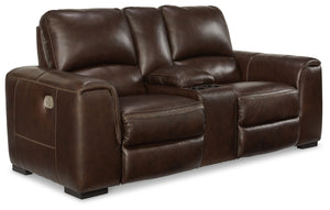 Impressive in scale while keeping an air of refinement, this power reclining loveseat stuns with a combination of soft, supple leather and perfectly matched faux leather upholstery in walnut. Sink into the seating area and cater to your comfort with one-t