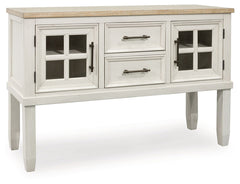 This dining server elevates the art of modern farmhouse design. Its two-tone aesthetic blends antiqued white and light grayish brown for a charming finish. Two windowpane doors with adjustable shelves and dark rustic bar pulls convey a feeling of relaxed 