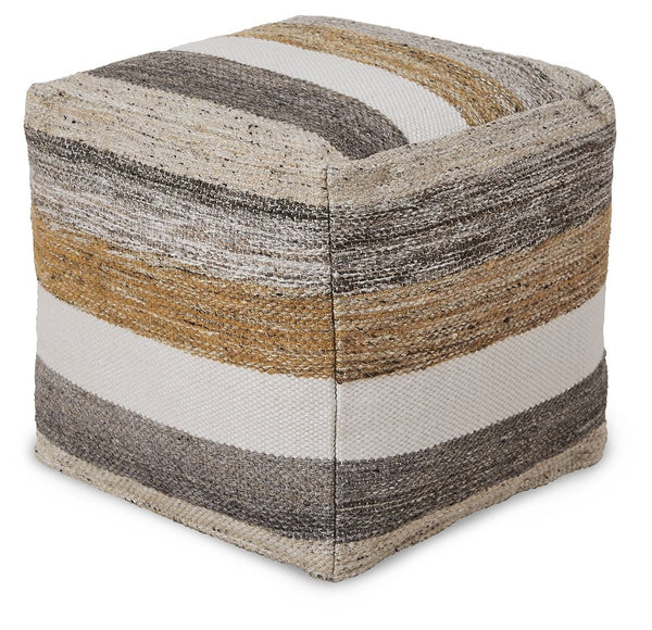 Weaving together stripes in grounded, earthy tones, this pouf is a natural beauty. It combines simple flair and function, with hues of white, honey and shades of gray and brown to keep things casual. Whether used as a footrest or a side table, this piece 