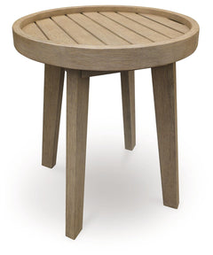 This outdoor end table takes casual design to new heights. Crafted with durable eucalyptus wood, this piece weathers the seasons beautifully with exceptional form and function while keeping your essentials within reach.<br/><br/><b>Product Features</b><ul
