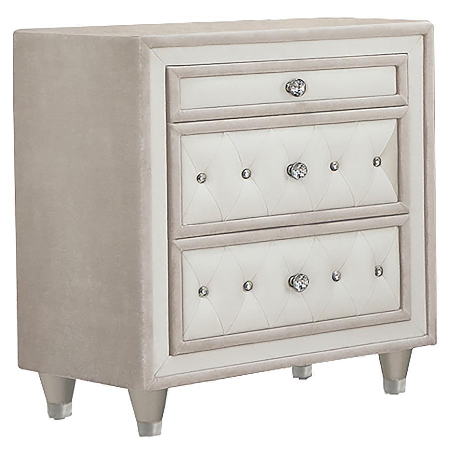 With French Provincial decor in mind, this upholstered nightstand has everything you need for an elegant bedroom. It-'s a three-drawer nightstand that offers storage space for small bedside essentials. Beautiful button tufting on the drawers is enhanced w