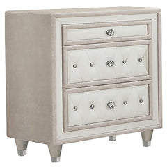 With French Provincial decor in mind, this upholstered nightstand has everything you need for an elegant bedroom. It-'s a three-drawer nightstand that offers storage space for small bedside essentials. Beautiful button tufting on the drawers is enhanced w