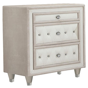 With French Provincial decor in mind, this upholstered nightstand has everything you need for an elegant bedroom. It-'s a three-drawer nightstand that offers storage space for small bedside essentials. Beautiful button tufting on the drawers is enhanced w
