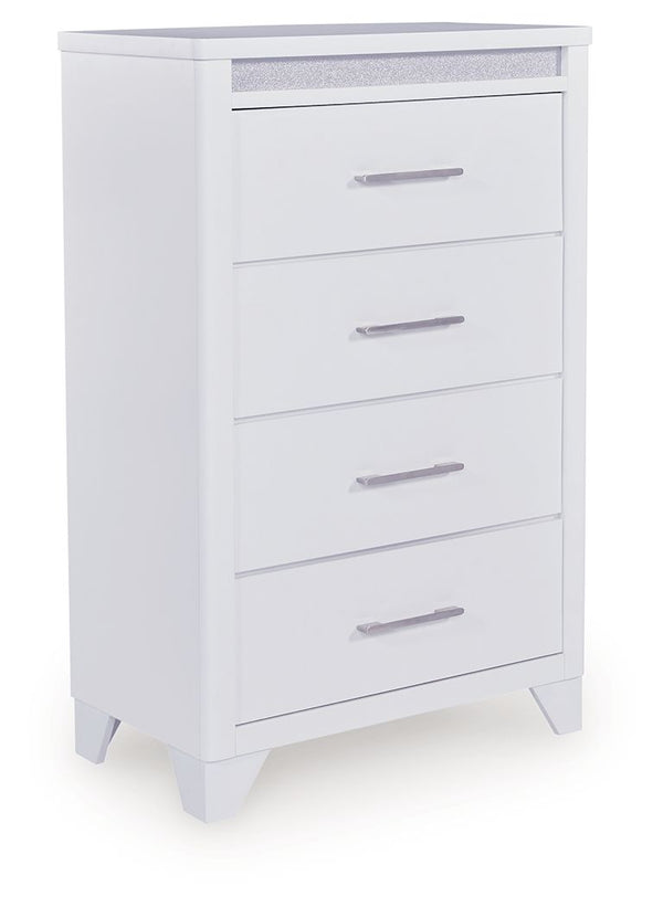 This chest of drawers is a showstopper, bringing a touch of modern glamour to your sanctuary. A sleek white finish and inset glitter accents create a sophisticated feel, while spacious drawers provide practical storage. Itâ€™s a simply stunning way to ach