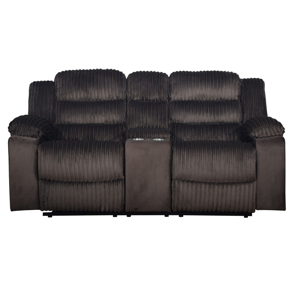 The Willow Dual Reclining Console Loveseat offers sturdy hardwood and plywood frames with durable motion mechanisms for long-lasting comfort. Wrapped in ultra-soft chocolate brown 100% polyester fabric with plush ribbed upholstery. Supportive springs and 