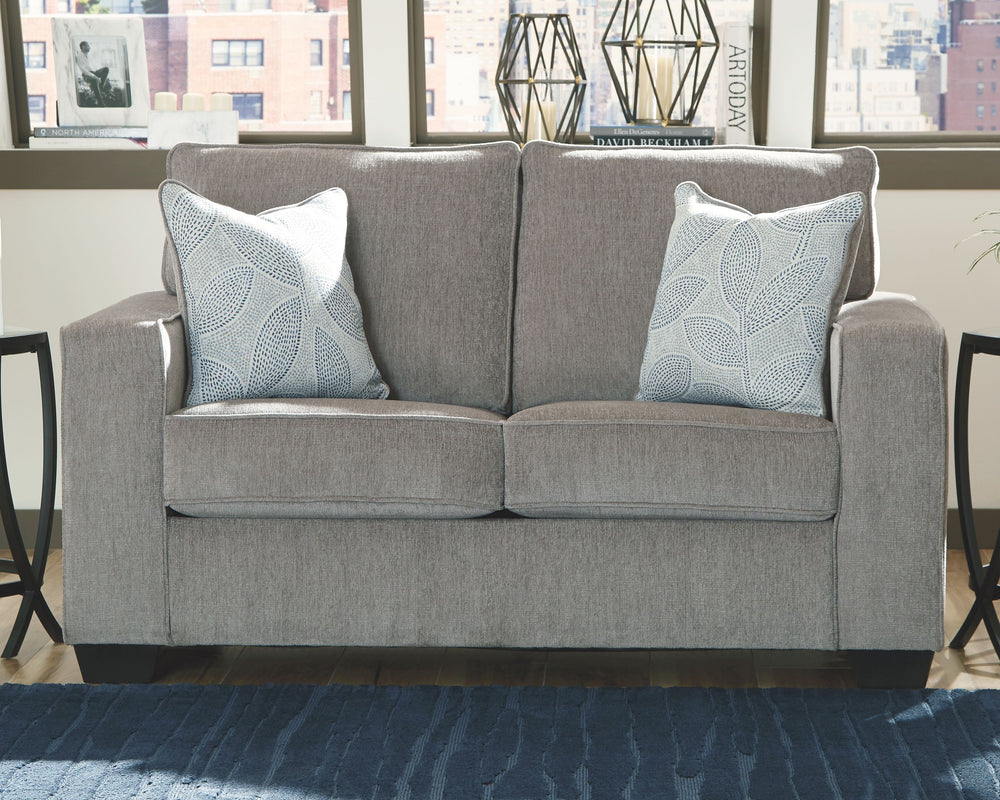 If style is the question, then this striking loveseat is the answer. Sporting clean lines and sleek track arms, the decidedly contemporary profile is enhanced with plump cushioning and a chenille-feel upholstery that-'s so pleasing to the touch. Sure to p