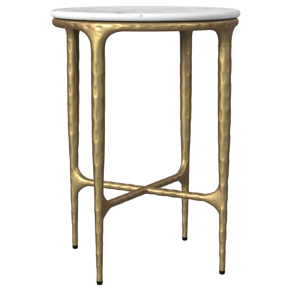 Introduce an artistic touch to your home with this stunning round side table, where luxurious materials and sculptural design meet. The table boasts a genuine white marble top that sits gracefully atop a hand-hammered steel frame with a rich gold finish. 