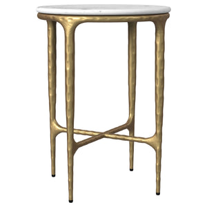 Introduce an artistic touch to your home with this stunning round side table, where luxurious materials and sculptural design meet. The table boasts a genuine white marble top that sits gracefully atop a hand-hammered steel frame with a rich gold finish. 