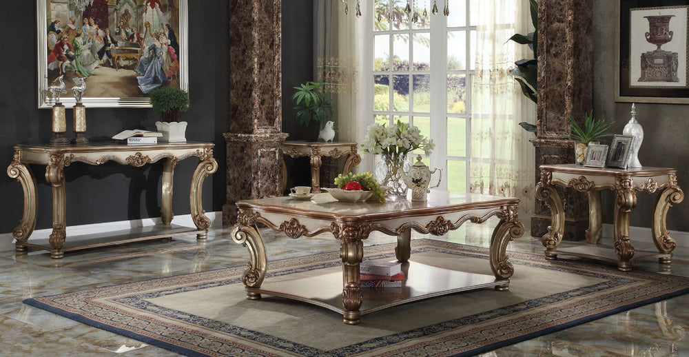 KD, Rectangular Table w/Scrolled Leg and Bottom Shelf â€¢ Top Apron: Scrolled Decor Trim<br/><br/><b>Product Features</b><ul><li>Case: 1Pc/1Ctn</li><li>Finish: Gold Patina</li><li>Style: Vintage</li><li>Materials: Wood, Poly Resin, Veneer (Wood), Composit