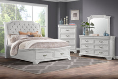 Discover the Lyndhurst 4 Piece Bedroom Set, a testament to enduring craftsmanship and timeless style. This set includes a magnificent bed, 6-drawer dresser, mirror, and 5-drawer chest, all in rich Vintage White. Crafted from solid Acacia, Acacia veneers, 
