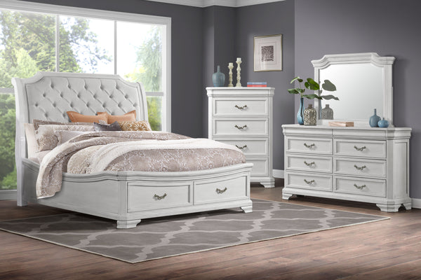 Discover the Lyndhurst 4 Piece Bedroom Set, a testament to enduring craftsmanship and timeless style. This set includes a magnificent bed, 6-drawer dresser, mirror, and 5-drawer chest, all in rich Vintage White. Crafted from solid Acacia, Acacia veneers, 