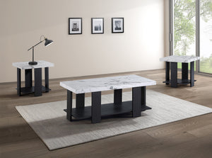 This contemporary cocktail set presents a bold statement in minimalist design, featuring a sleek rectangular coffee table as the centerpiece, flanked by two matching end tables. Each piece boasts a sturdy construction with clean lines and a striking faux 