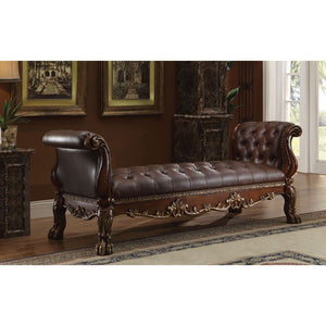  this stunning piece comes in a cherry oak finish and features button-tufted seat and arms with elab