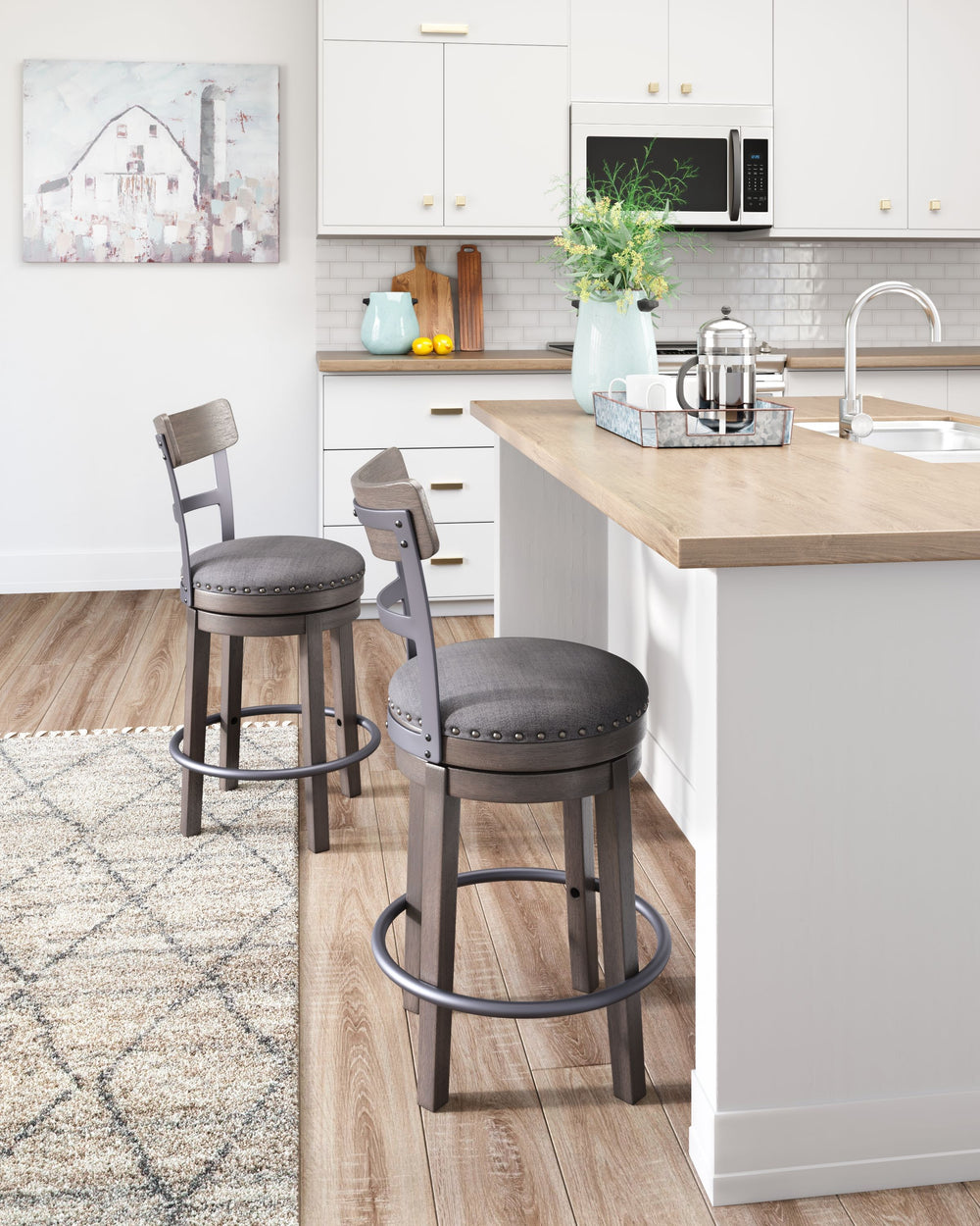 Bring a relaxed yet refined sense of good taste to a space with this upholstered swivel bar stool. The sturdy wood frame with contoured backrest is beautified with an antiqued gray wash finish thatâ€™s easy on the eyes. Rest assured, this bar stool caters