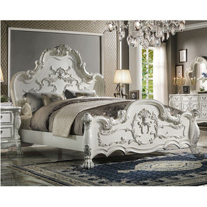 The Dresden traditional collection features highly decorative carving inlay veneers that add a regal touch to it. It boasts a classic claw feet design and brushed silver contrast details. The same beautiful shell and leaf details found on the bed are carr