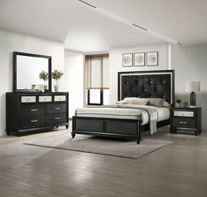 Unveil the epitome of elegance with this captivating bedroom ensemble, meticulously designed for those who covet glamor and grace in their private quarters. The bed, with its lustrous, tufted headboard, radiates luxury, while the shimmering accents frame 