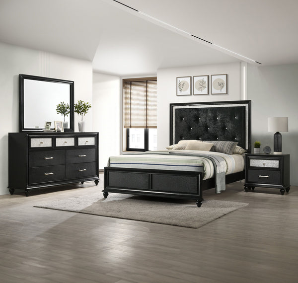 Unveil the epitome of elegance with this captivating bedroom ensemble, meticulously designed for those who covet glamor and grace in their private quarters. The bed, with its lustrous, tufted headboard, radiates luxury, while the shimmering accents frame 