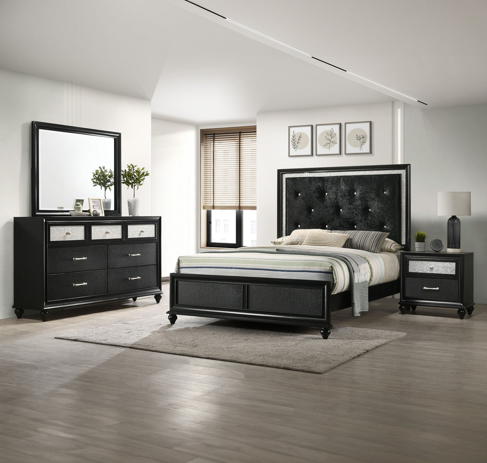 Unveil the epitome of elegance with this captivating bedroom ensemble, meticulously designed for those who covet glamor and grace in their private quarters. The bed, with its lustrous, tufted headboard, radiates luxury, while the shimmering accents frame 