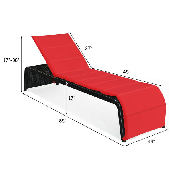 Tightly hand-woven rattan can withstand the moderate change in weather <br>The heavy-duty steel frame ensures the sturdiness of the chaise lounge <br>Adjustable backboard with five different positions <br>Soft and thick cushion for comfortable seating <br