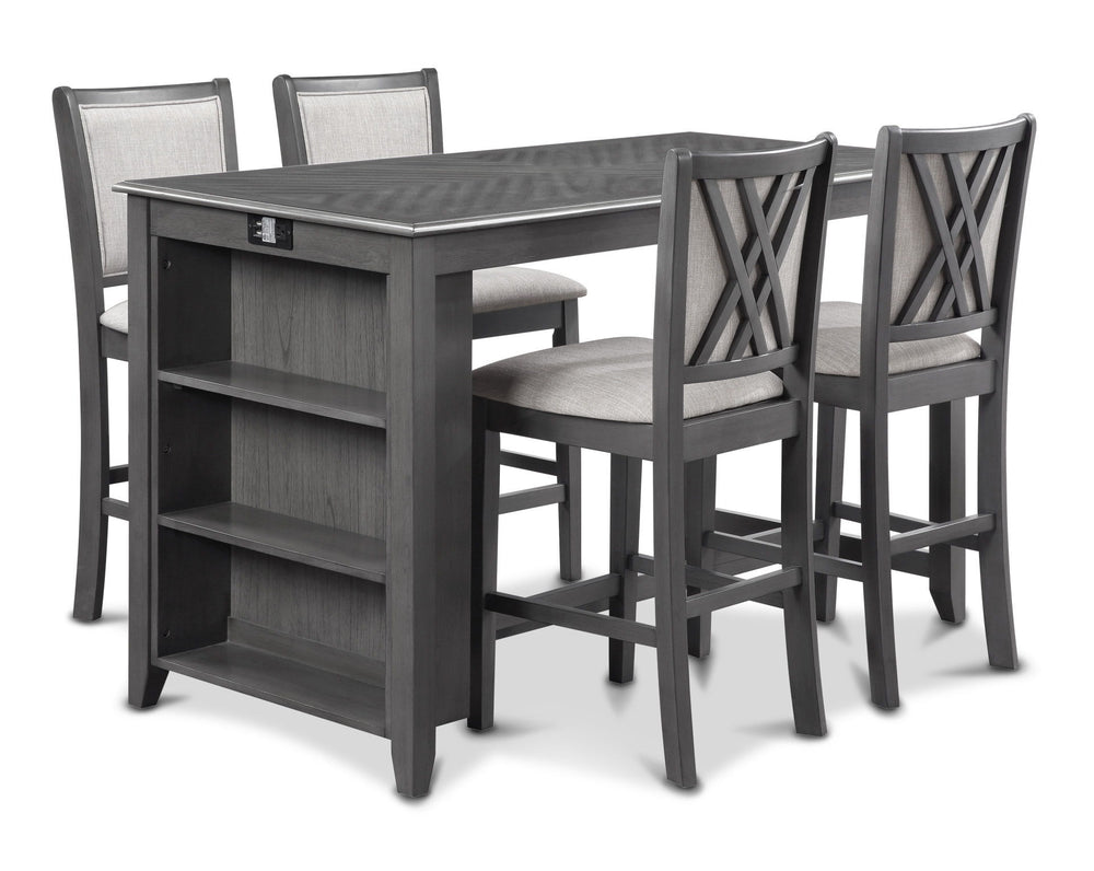 The Amy 5-piece 60â€ counter dining set is a perfect union of practicality and. This comprehensive set includes a counter-height 60" dining table with a convenient storage shelf, four chairs, along with hardware, and assembly instructions for hassle-free