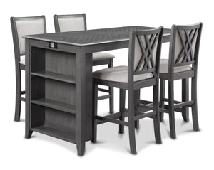 The Amy 5-piece 60â€ counter dining set is a perfect union of practicality and. This comprehensive set includes a counter-height 60" dining table with a convenient storage shelf, four chairs, along with hardware, and assembly instructions for hassle-free