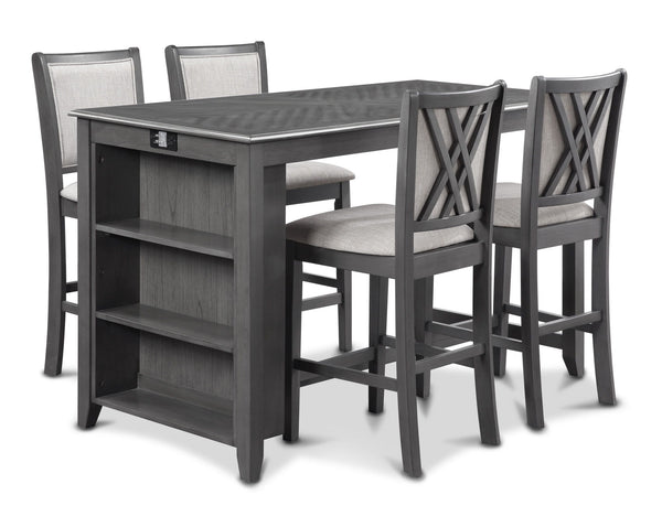 The Amy 5-piece 60â€ counter dining set is a perfect union of practicality and. This comprehensive set includes a counter-height 60" dining table with a convenient storage shelf, four chairs, along with hardware, and assembly instructions for hassle-free