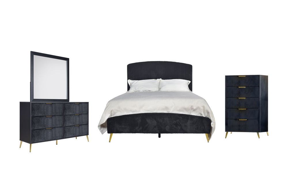 The Kailani 4 Piece Bedroom Set in black offers a perfect blend of modern design, luxurious comfort, and sustainable craftsmanship, making it a standout choice for any bedroom. This set includes an upholstered panel bed, dresser, mirror, and chest, all ex