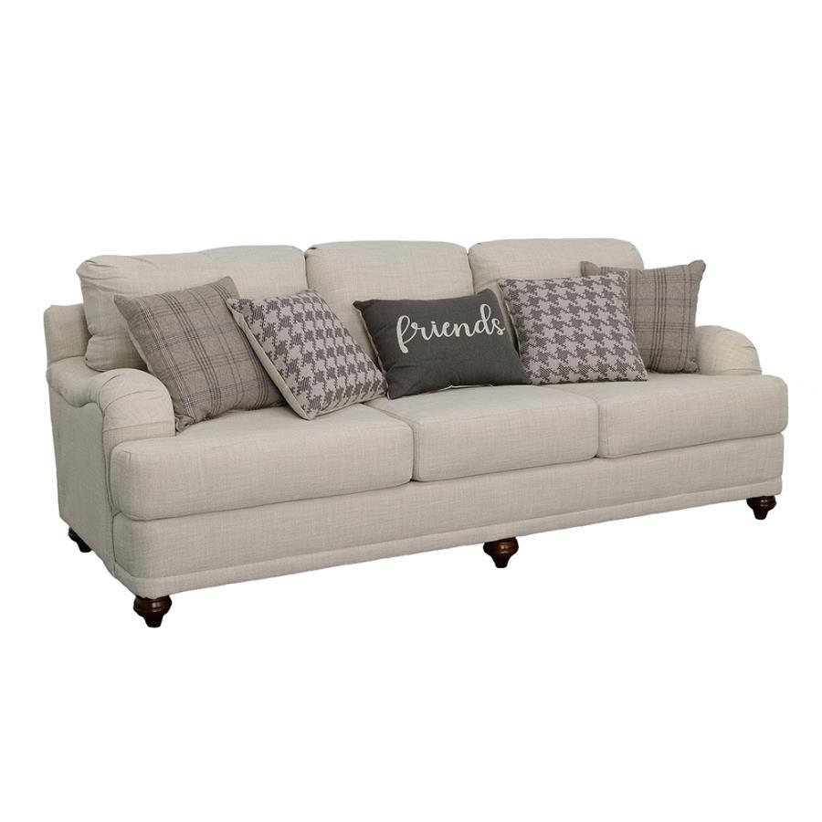 Add a delightful presence to your living room or den and make it an inviting place for friends and family. This two-tone modern farmhouse sofa helps confirm that friends are always welcome. It features light grey linen-like seat cushions that are reversib
