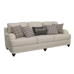 Add a delightful presence to your living room or den and make it an inviting place for friends and family. This two-tone modern farmhouse sofa helps confirm that friends are always welcome. It features light grey linen-like seat cushions that are reversib