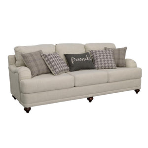 Add a delightful presence to your living room or den and make it an inviting place for friends and family. This two-tone modern farmhouse sofa helps confirm that friends are always welcome. It features light grey linen-like seat cushions that are reversib