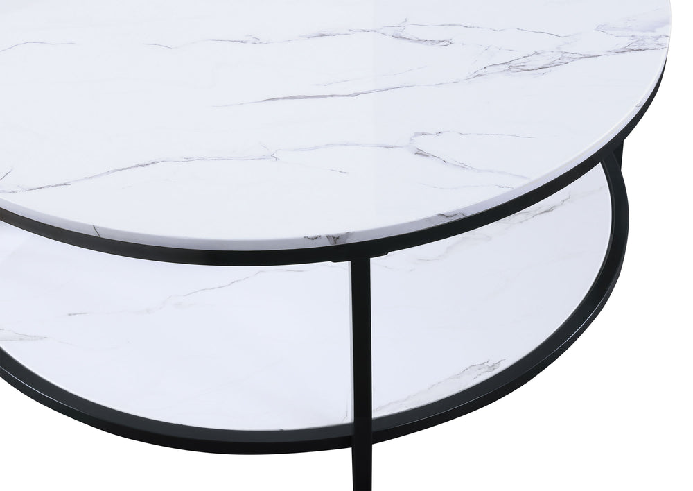 Elevate your living space with this sleek and sophisticated cocktail table set, designed to bring a touch of modern elegance to any home. The set features stunning faux marble tops that offer a luxurious aesthetic, perfectly complemented by the sturdy bla