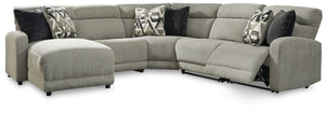 Delightfully modern. Exceptionally comfortable. When it comes to modular furniture with easy-elegant appeal, itâ€™s hard to beat this power reclining sectional with chaise. Wrapped in a decadently plush stone-tone fabric for neutral versatility, this chic