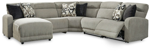 Delightfully modern. Exceptionally comfortable. When it comes to modular furniture with easy-elegant appeal, itâ€™s hard to beat this power reclining sectional with chaise. Wrapped in a decadently plush stone-tone fabric for neutral versatility, this chic