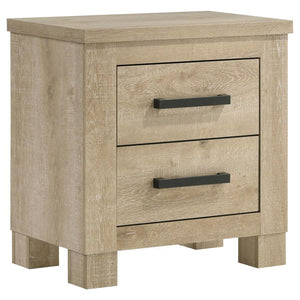 This two-drawer nightstand adds rustic charm and practical storage to your bedroom. Finished in weathered oak, it is crafted from engineered wood with a scratch-resistant veneer for lasting durability. Dark bronze handles add a bold, modern accent, while 