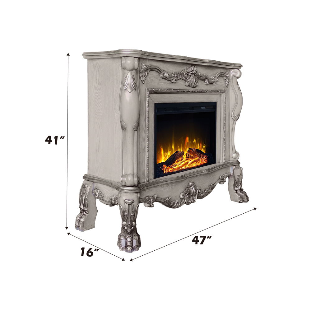 Add warmth and comfort to any room in your home with the impressive Dresden fireplace in a vintage bone white finish. The grand fireplace features floral moldings throughout the piece. Sitting on carved claw feet or added elegance. The fireplace features 