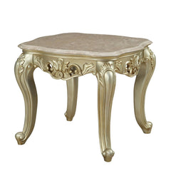 Elaborate old world designs are treated with a distinctly modern touch on the Gorsedd end table. This elegant wood table features a stunning scalloped marble table top and detailed table legs in a rich antique white finish. This unique square table featur