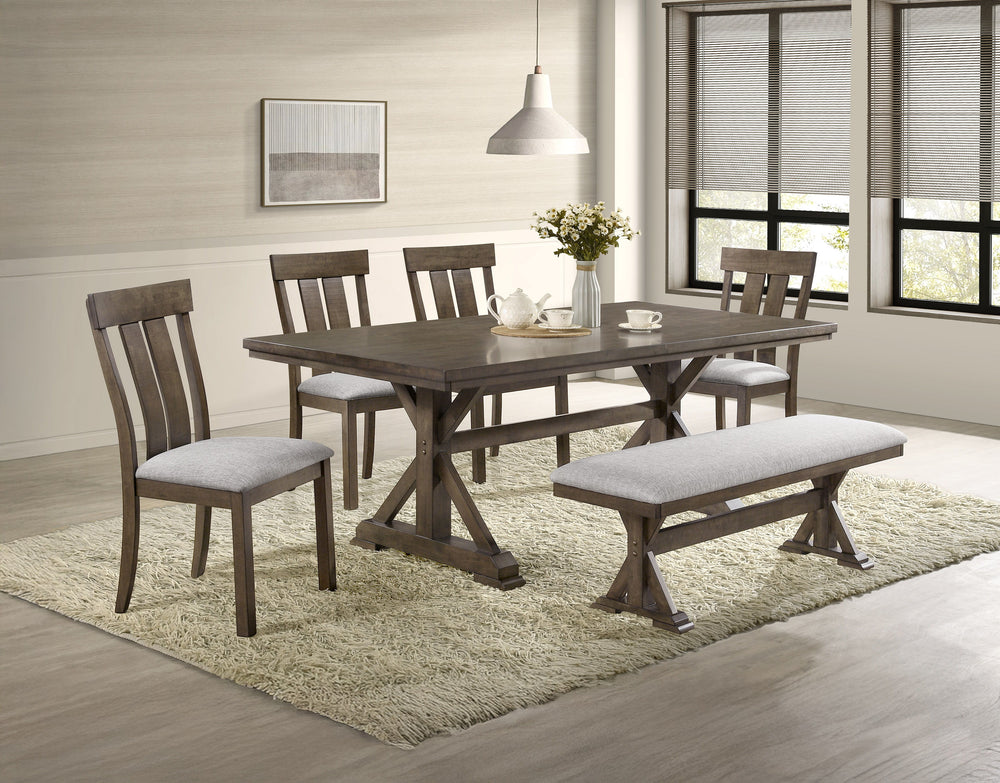 Bring rustic elegance to your dining space with this stunning farmhouse-inspired dining set, designed for both style and functionality. The beautifully crafted table features a robust trestle base, adding character and durability, while its rich wood fini