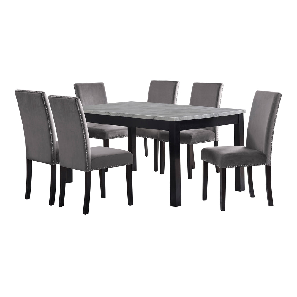 The Celeste 7-Piece Dining Set is a picture of modern luxury and enduring craftsmanship. This set includes a striking 64-inch dining table with an espresso base and a faux marble top, accompanied by six exquisite gray velvet chairs. Crafted from solid Rub