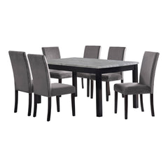 The Celeste 7-Piece Dining Set is a picture of modern luxury and enduring craftsmanship. This set includes a striking 64-inch dining table with an espresso base and a faux marble top, accompanied by six exquisite gray velvet chairs. Crafted from solid Rub