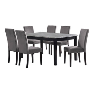 The Celeste 7-Piece Dining Set is a picture of modern luxury and enduring craftsmanship. This set includes a striking 64-inch dining table with an espresso base and a faux marble top, accompanied by six exquisite gray velvet chairs. Crafted from solid Rub