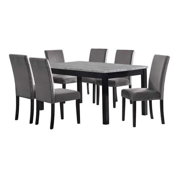 The Celeste 7-Piece Dining Set is a picture of modern luxury and enduring craftsmanship. This set includes a striking 64-inch dining table with an espresso base and a faux marble top, accompanied by six exquisite gray velvet chairs. Crafted from solid Rub